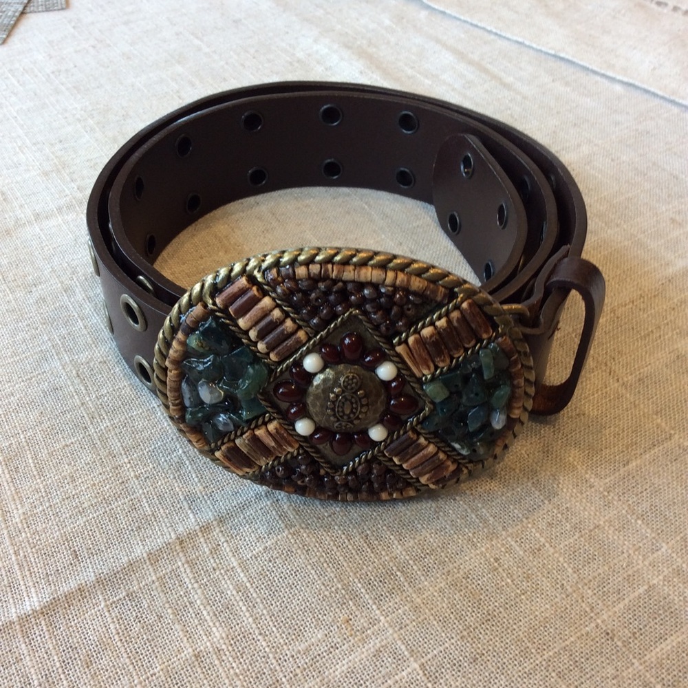CAbi Encrusted Buckle Double Grommet Leather Belt